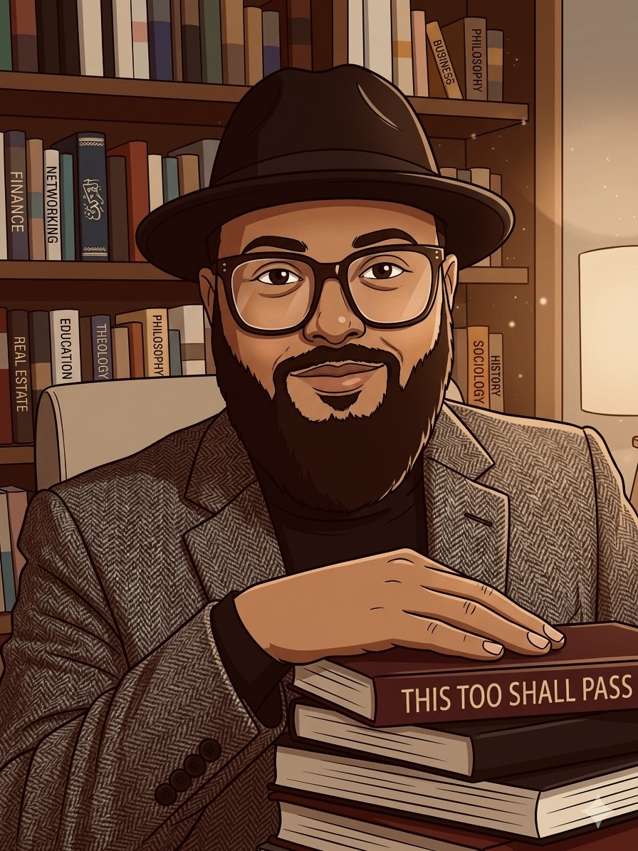 M.H. Hawk author portrait in a library with a stack of books