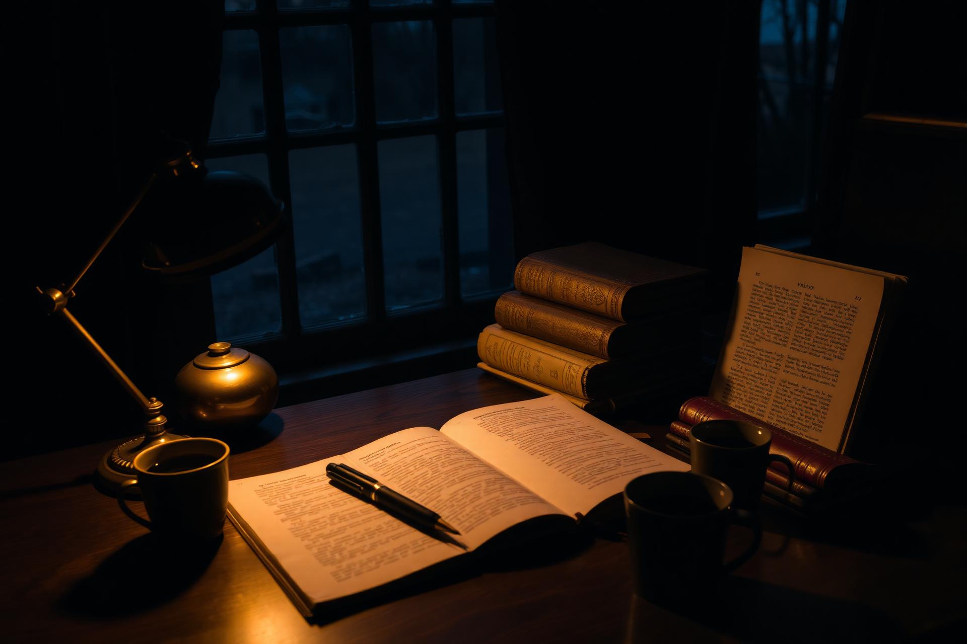 A writer's desk illuminated by a brass lamp